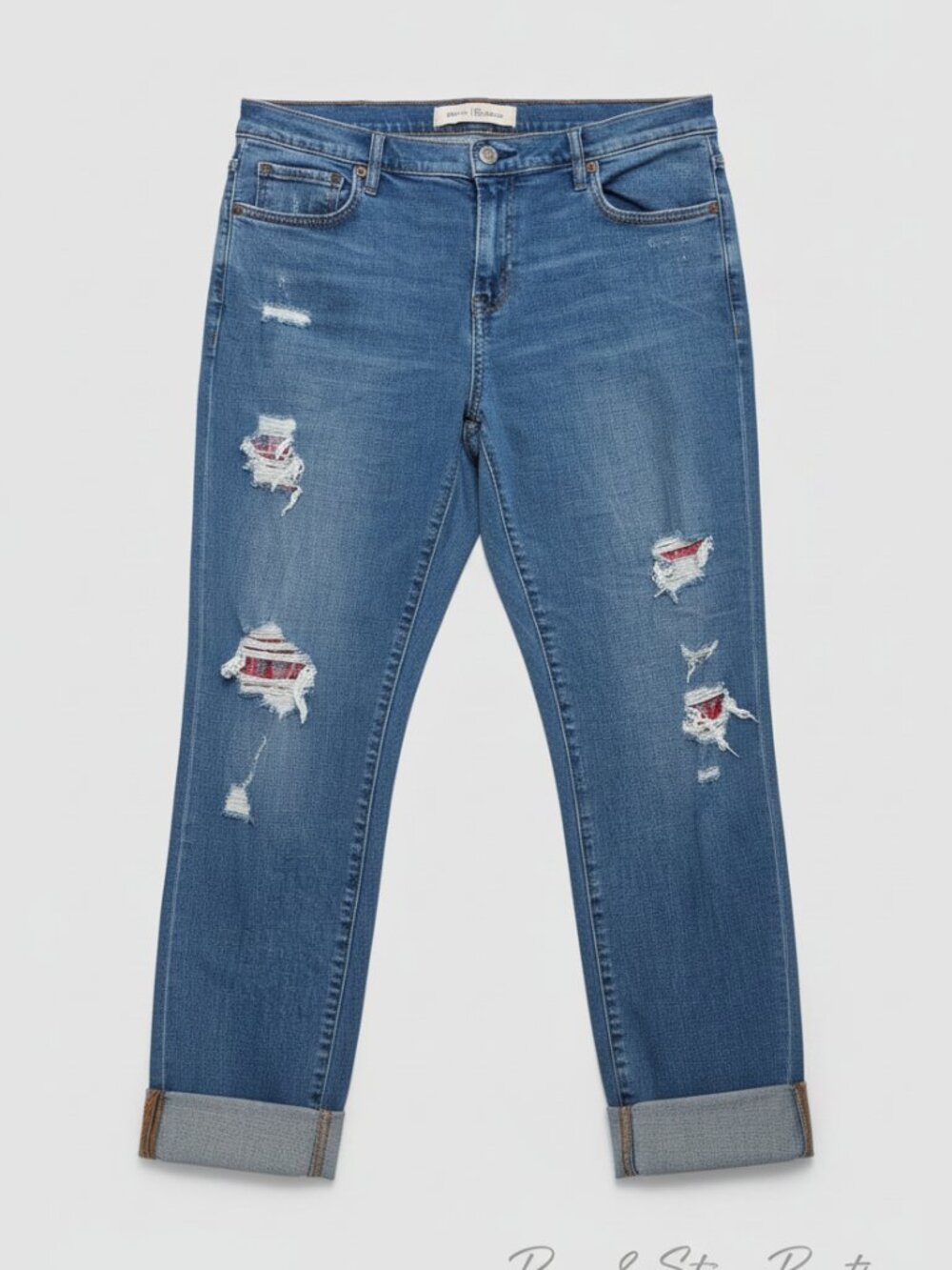 Gap 1969 Distressed Boyfriend Jeans | Medium Wash | Plaid-Lined Rips | Size 32 L
